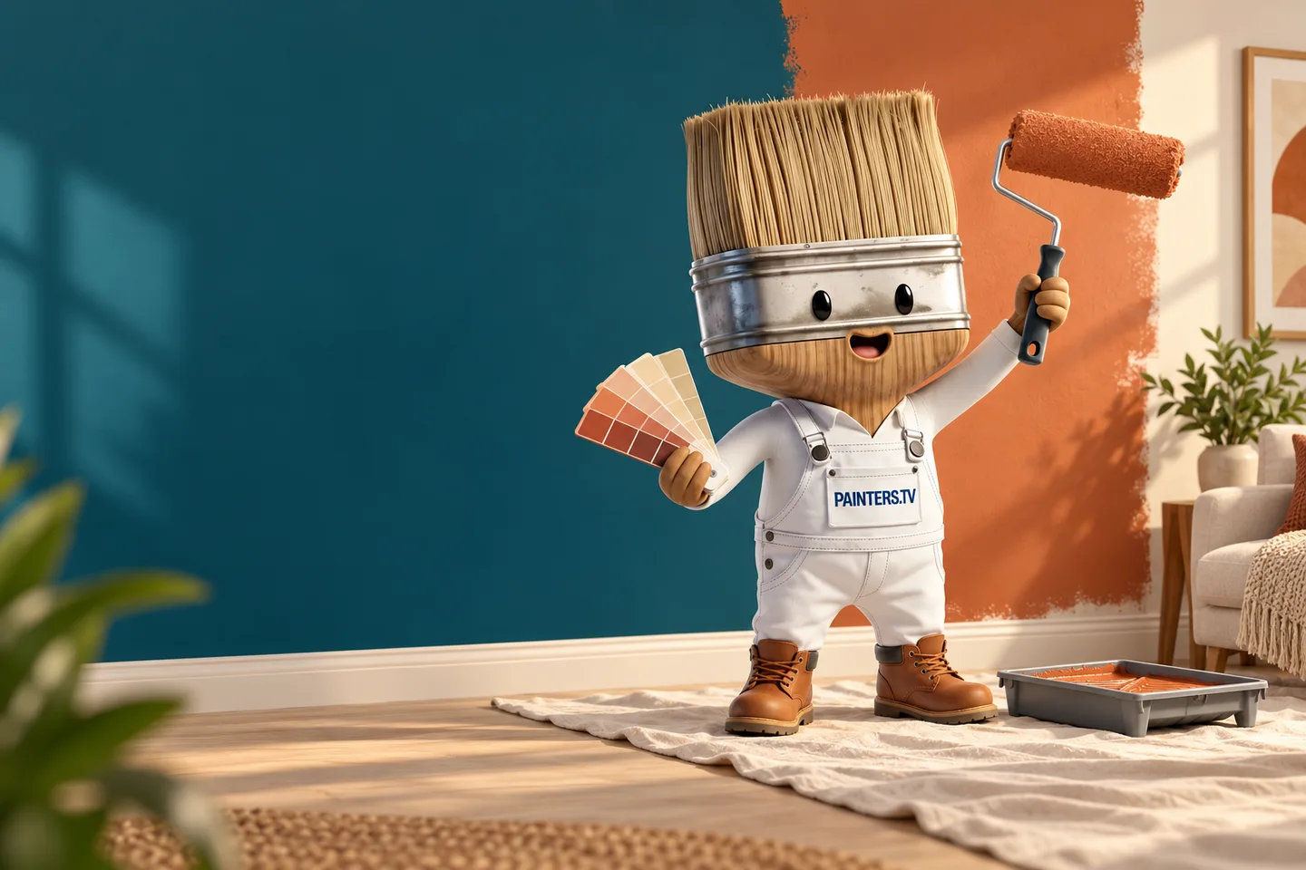 Painters.tv brush mascot holding colour swatches and a roller beside a protected floor and a freshly painted terracotta wall